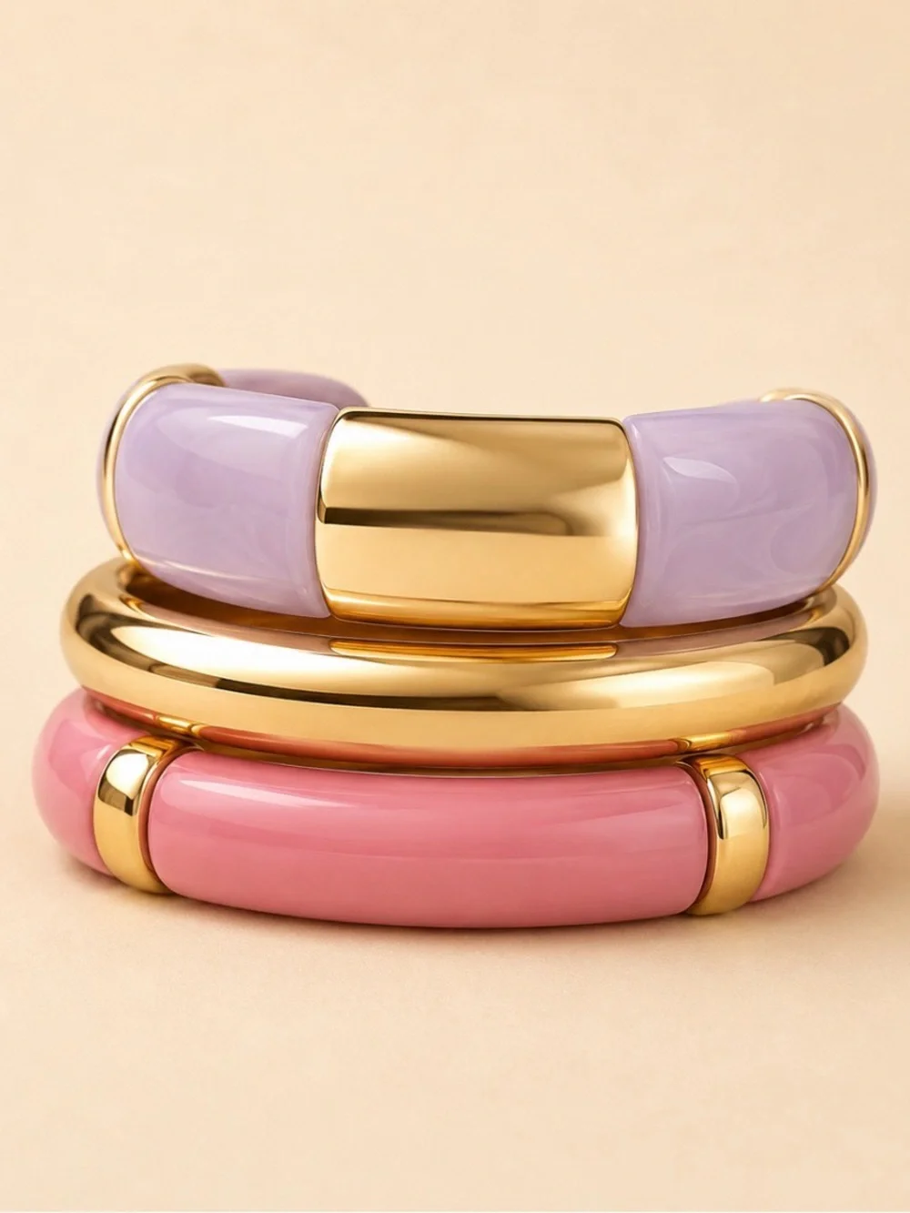 Gold-Tone & Pastel Stackable Resin Bangle Set - Pink and Lavender
